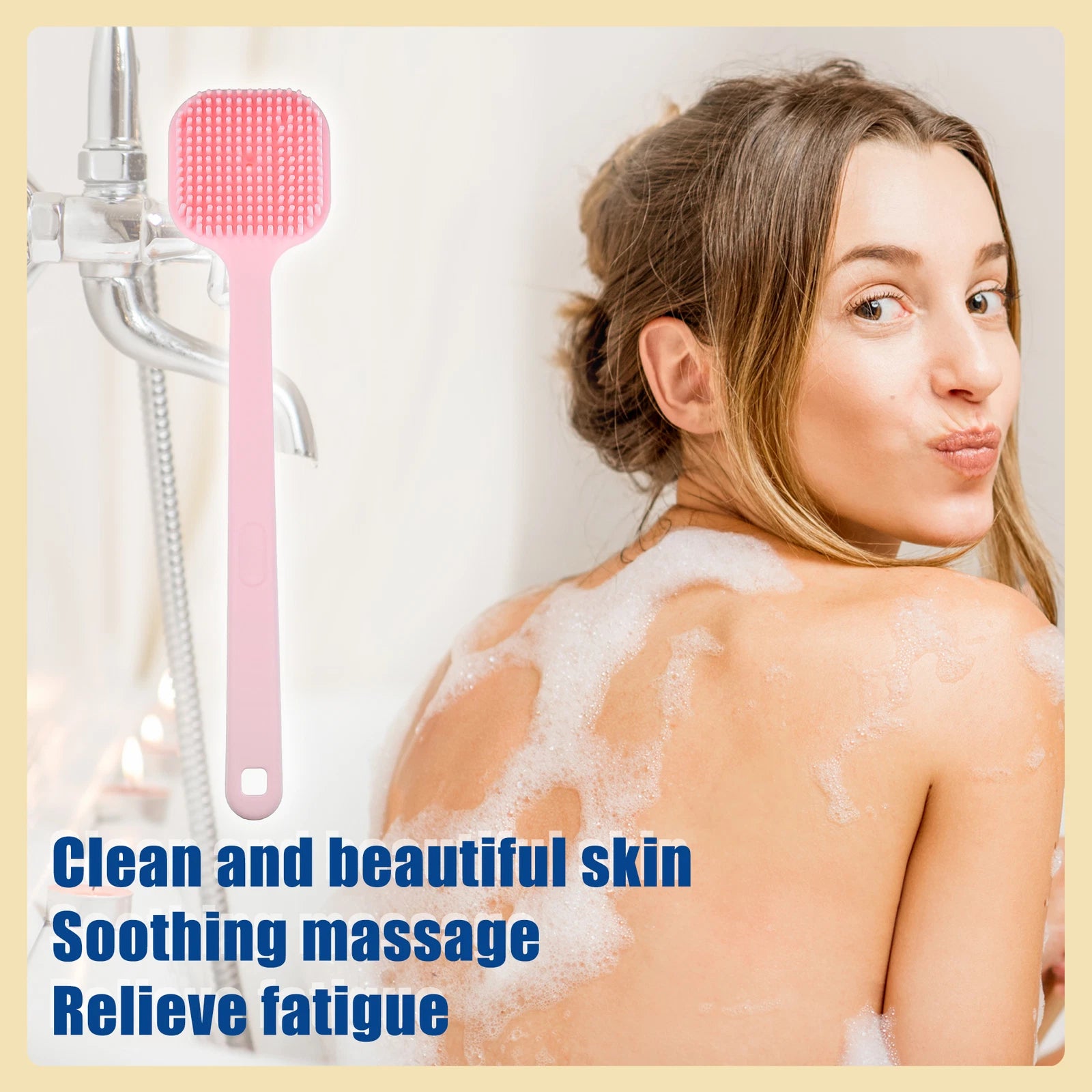 1Pcs Soft Silicone Bath Brush Non-Slip Back Scrubber Shower w/ Long Handle Pink