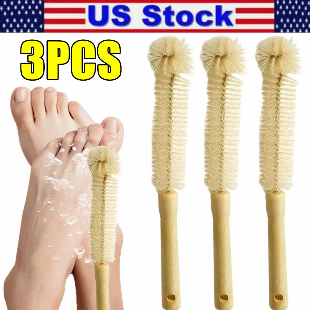 3PC Long Handle Toe Gap Cleaning Brush Foot Scrubber In Shower Wood Foot Brush