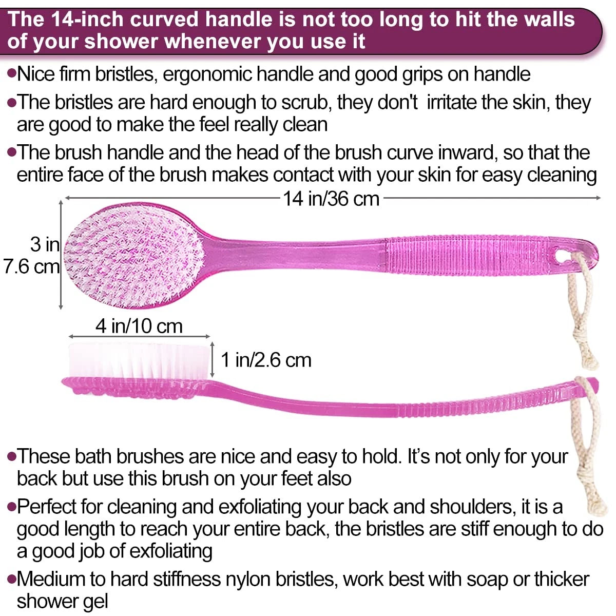 Back Bath Brush - Curved Long Handle Shower Brush with Medium Stiff Bristles ...