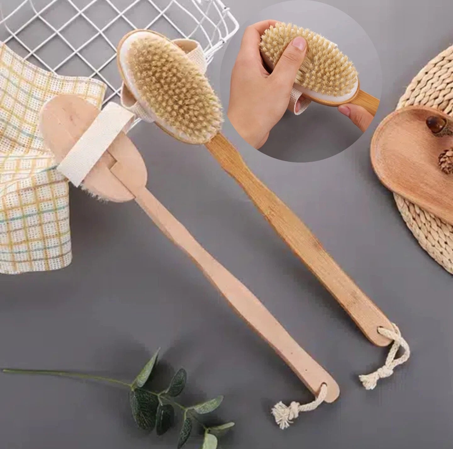 2pk Natural Bristle Shower Brush Wooden Bath Brush Body Scrubber Long Handle