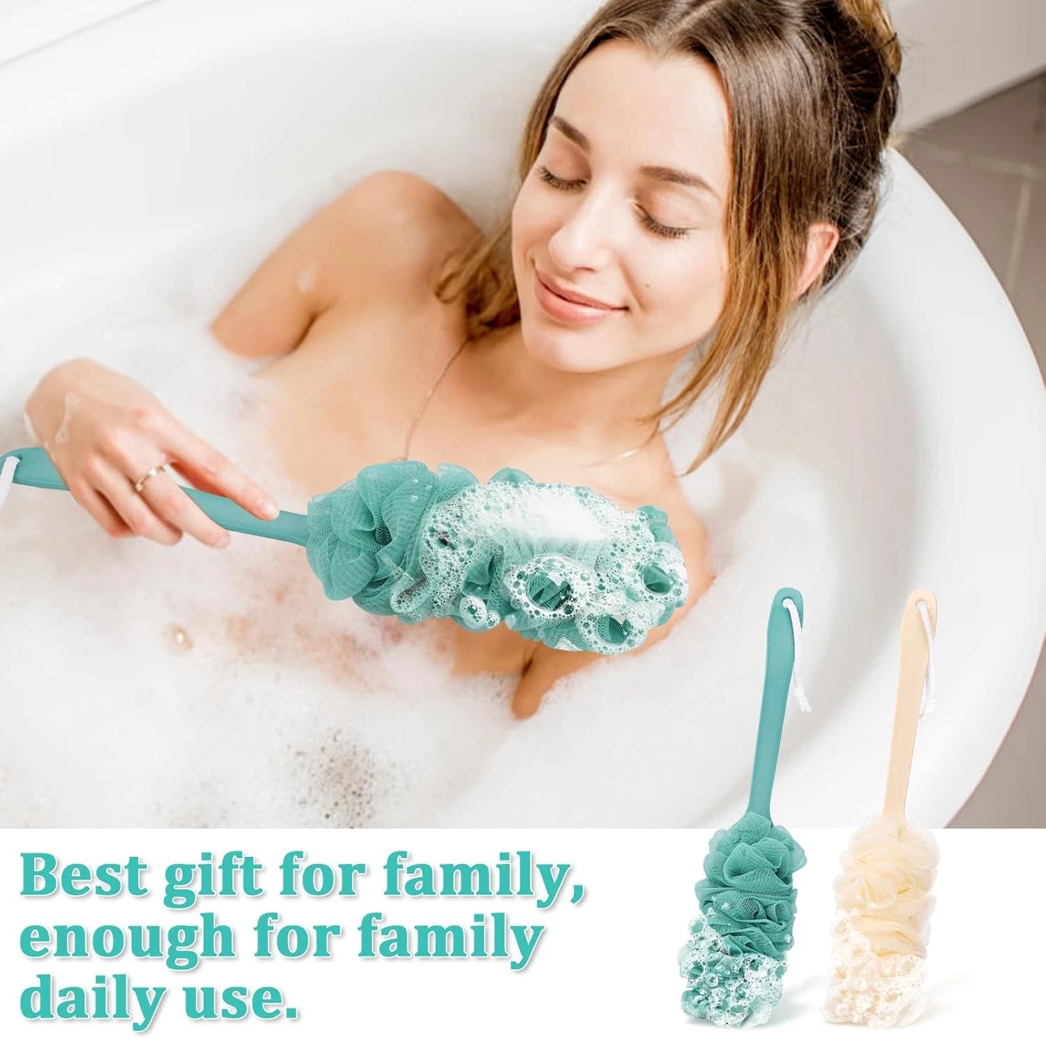 2-Pack Long-Handle Back Scrubbers with Loofah, 17" Shower Brushes for Men & Wome