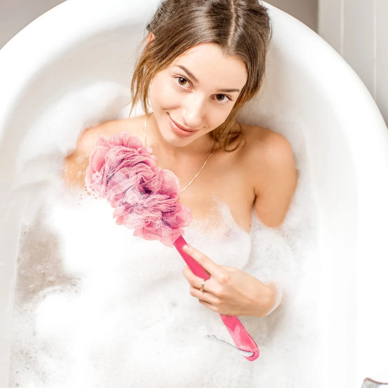 2Pack Back Scrubber for Shower Dual-Sided Loofah on a Stick as Shower Brush E