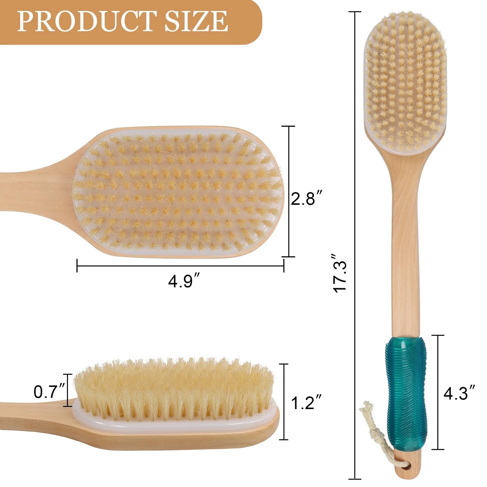 Back Scrubber with Wooden Handle Stiff Boar Bristles Bath Brush for Shower