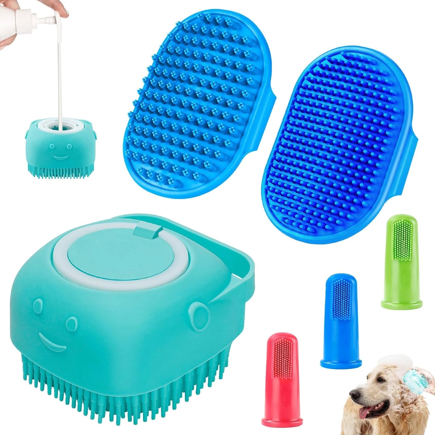6PCS Dog Bath Brush & Dog Toothbrush | Adjustable Handle Shampoo Brush & Scrubbe