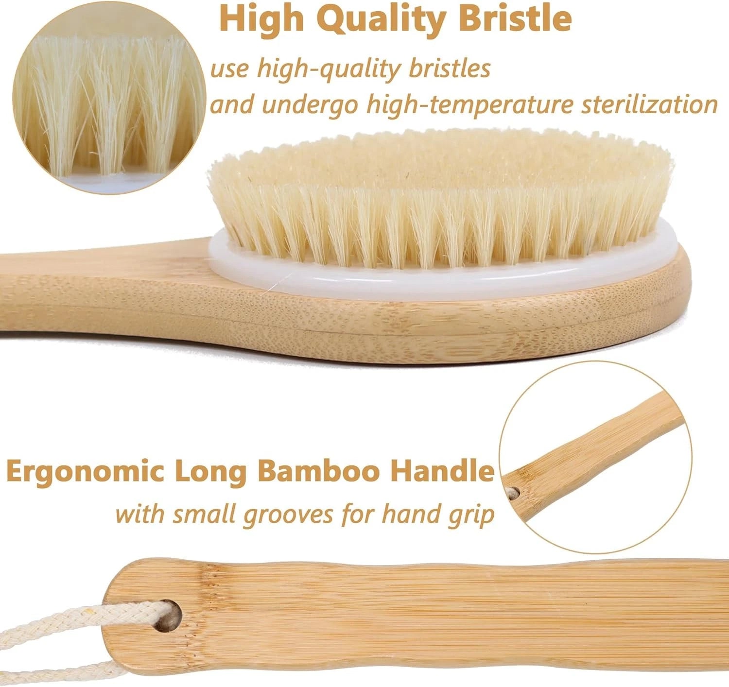 Back Scrubber Brush for Shower, Bamboo Long Handle Body Brush for Men Women