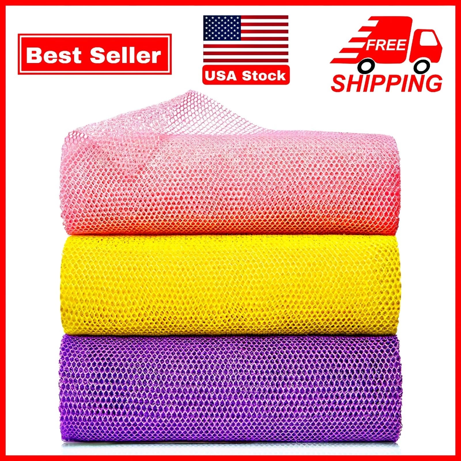 3Pcs African Exfoliating Net Sponge Long Bath Scrubber Deep Body Cleaning Tool