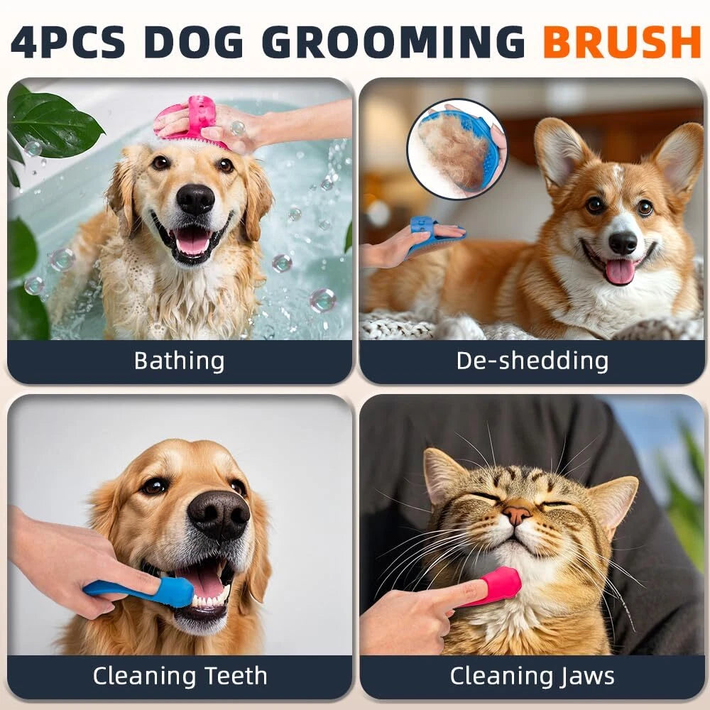 4PCS Dog Bath Brush Set | Shampoo Scrubber,Finger Toothbrush | Pet Grooming Kit