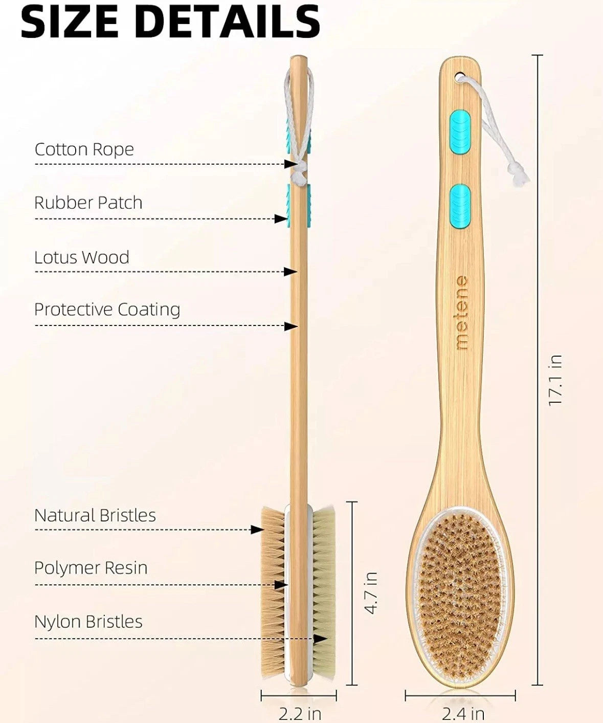 2-Pack Long Handle Body Brush Bamboo Dual-Sided Back Scrubber Shower Bath Spa