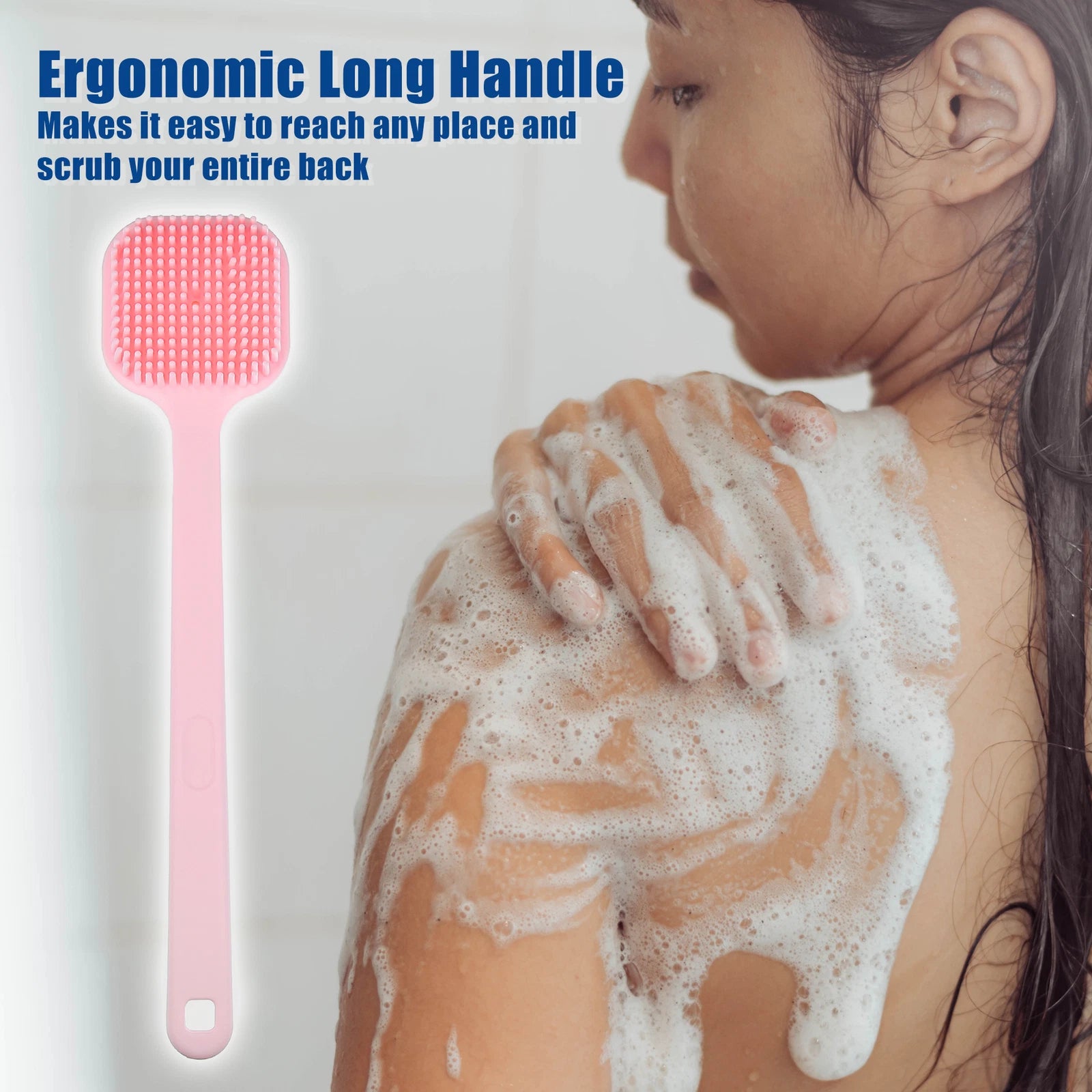 1Pcs Soft Silicone Bath Brush Non-Slip Back Scrubber Shower w/ Long Handle Pink