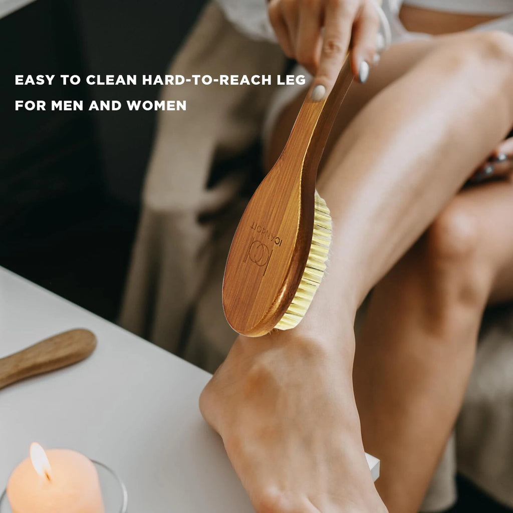 ICANdOIT-17.71Inch Natural Boar Bristles Anti-Slip Curved Long Handle Bath Brush