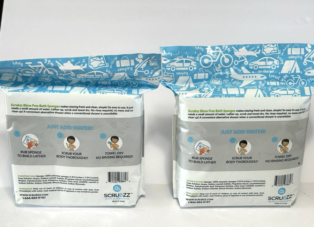 Scrubzz Rinse Free Bath Sponges Disposable Soap/ Shampoo Elder Camping 50 Total