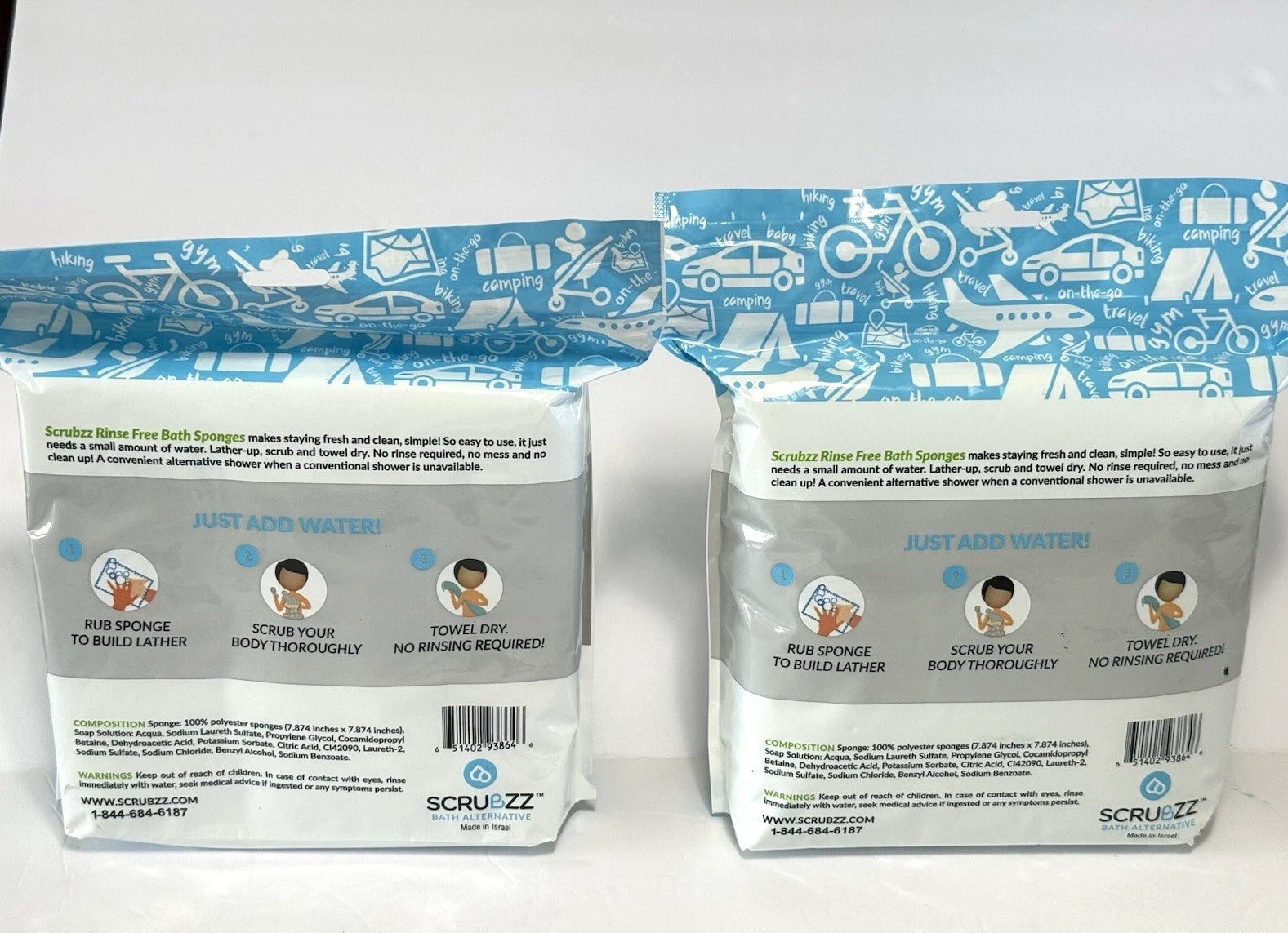 Scrubzz Rinse Free Bath Sponges Disposable Soap/ Shampoo Elder Camping 50 Total