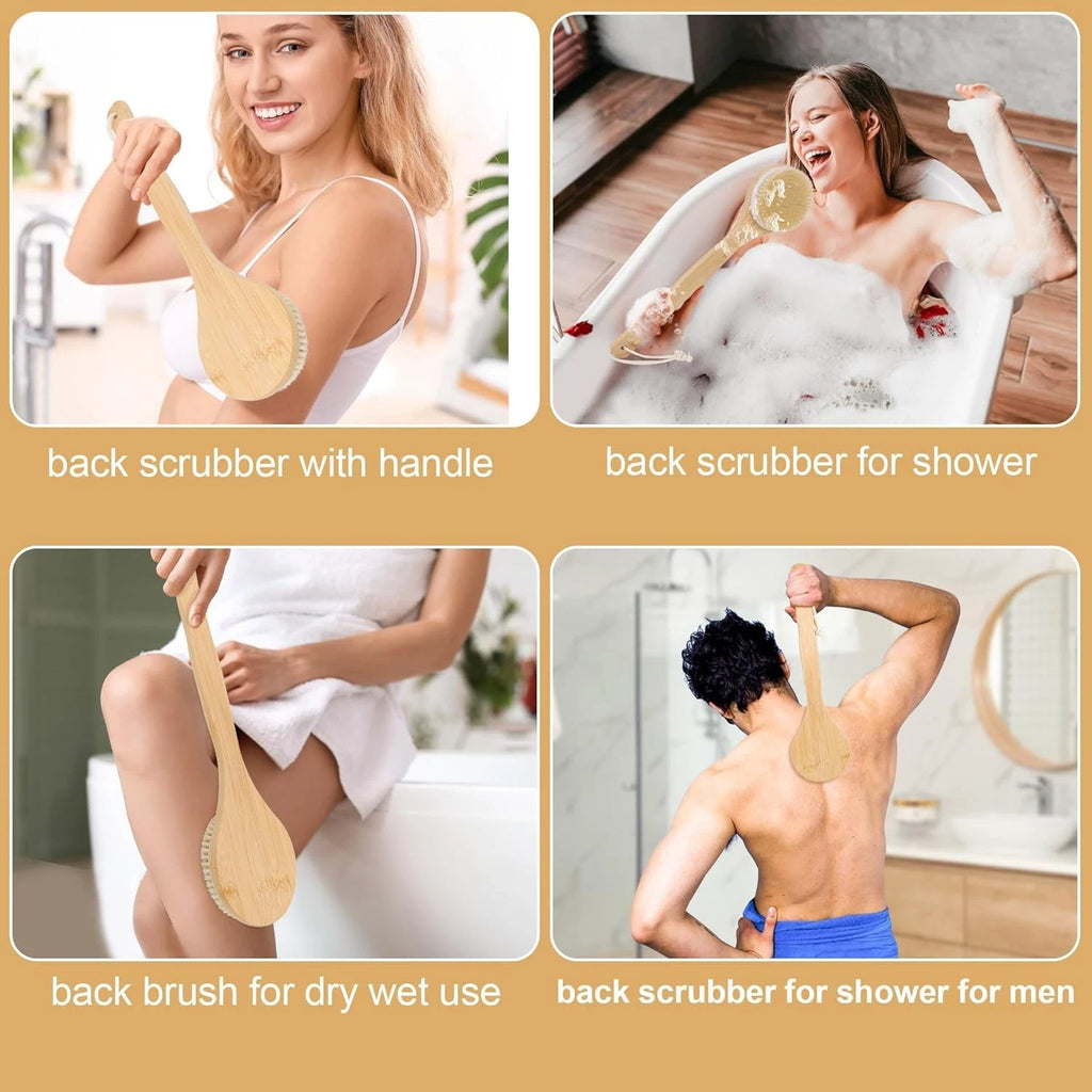 Back Scrubber Brush for Shower, Bamboo Long Handle Body Brush for Men Women