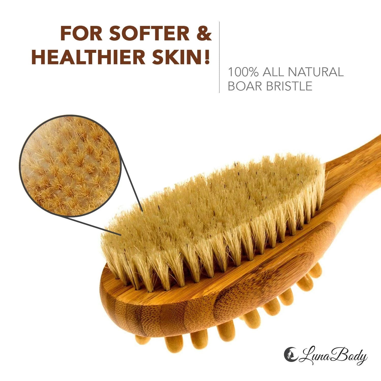 Lunabody Bamboo Body Brush For Back Scrub - Natural Boar Bristle Showe