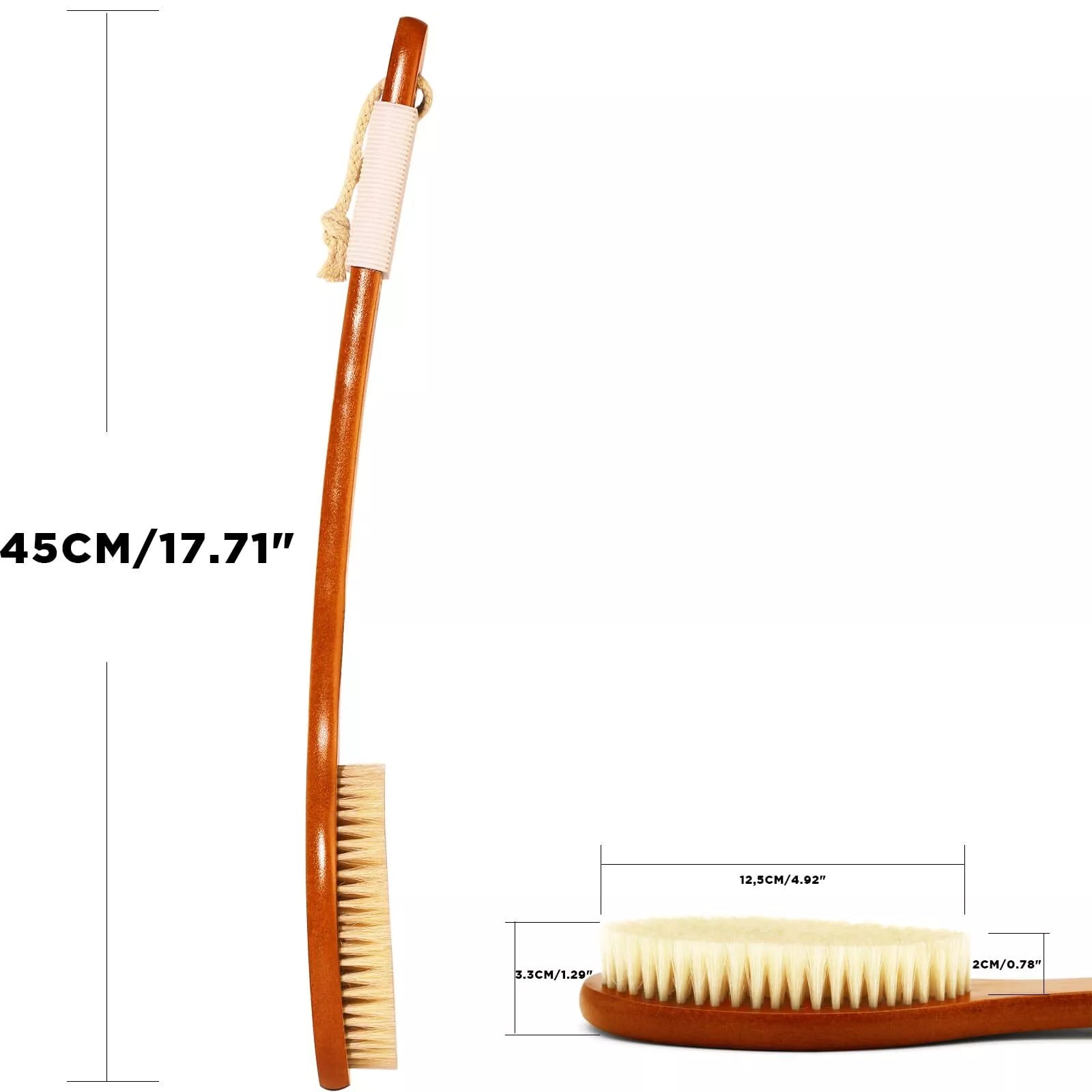ICANdOIT-17.71Inch Natural Boar Bristles Anti-Slip Curved Long Handle Bath Brush
