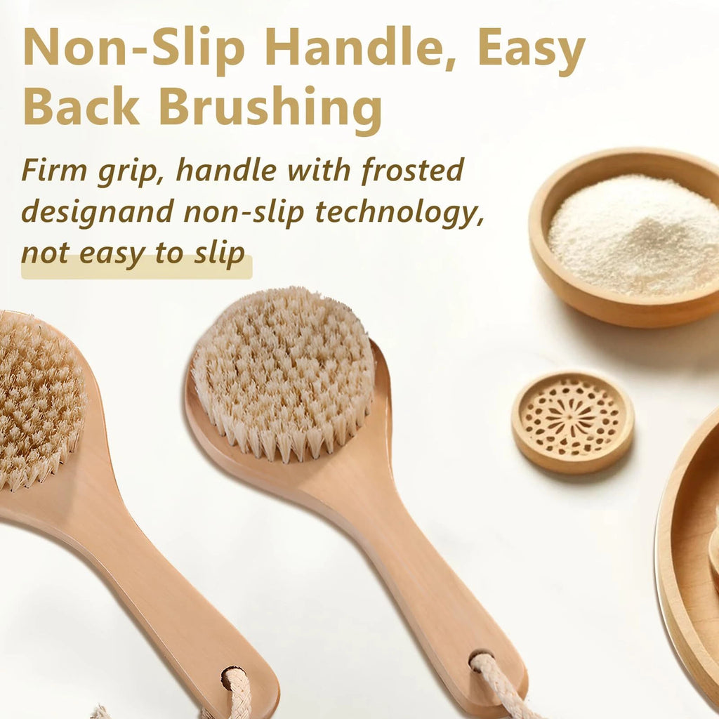Short Handle Body Brush with Natural Bristles Wooden Handle for Exfoliating Skin