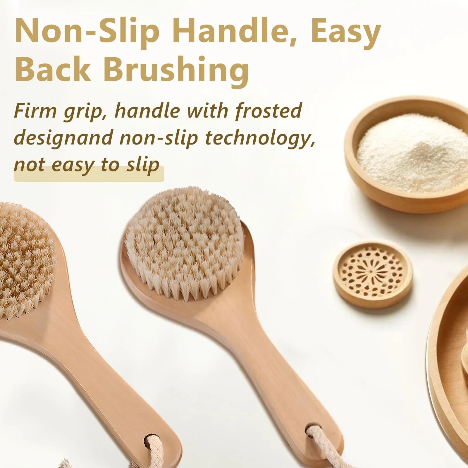 Short Handle Body Brush with Natural Bristles Wooden Handle for Exfoliating Skin