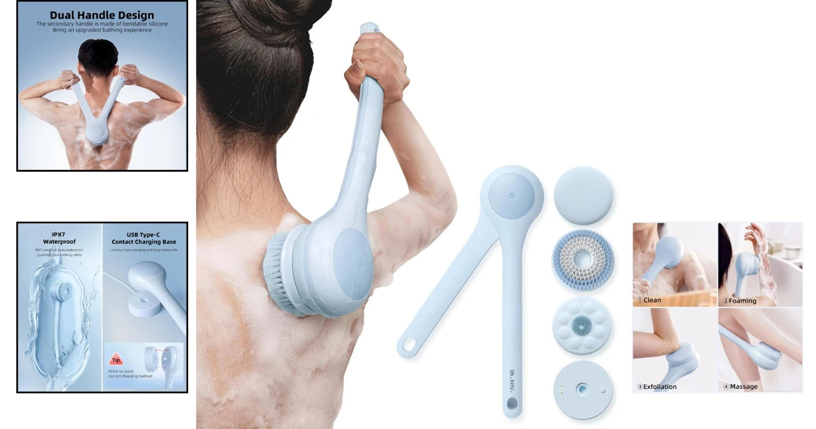 Luxury Dual Handle Electric Bath Brush with 3 Heads for Exfoliating & Cleansing