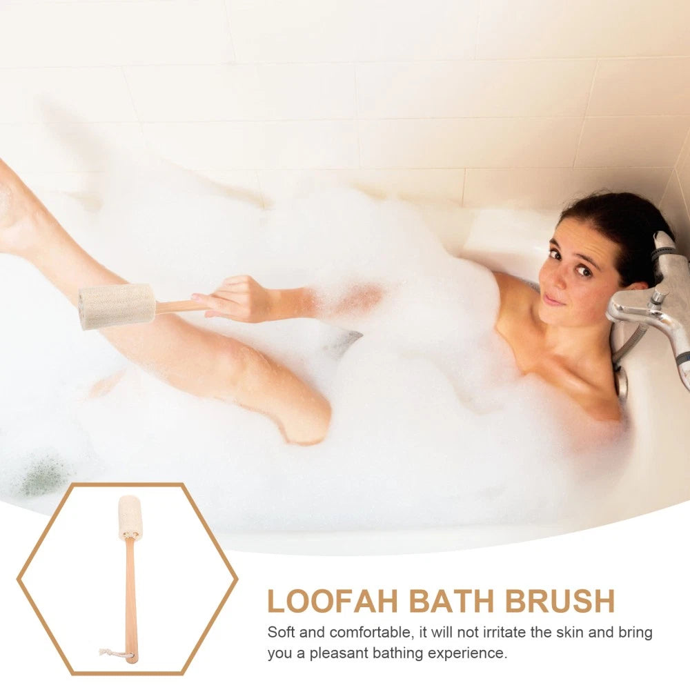 Loofah Bath Brush with Long Wooden Handle for Skin Care and Cleaning