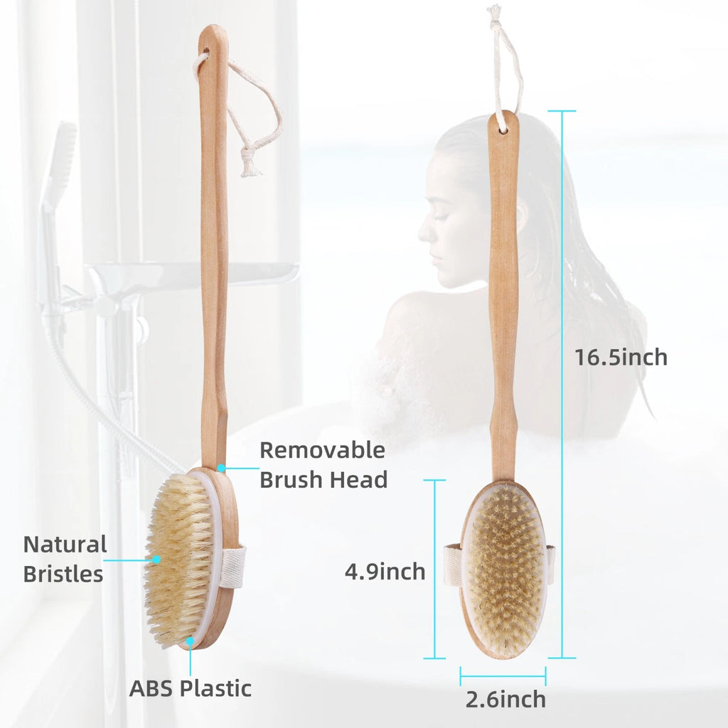 Natural Bristle Body Brush - Wooden Spa Scrubber for Dry Skin & Shower Care | US