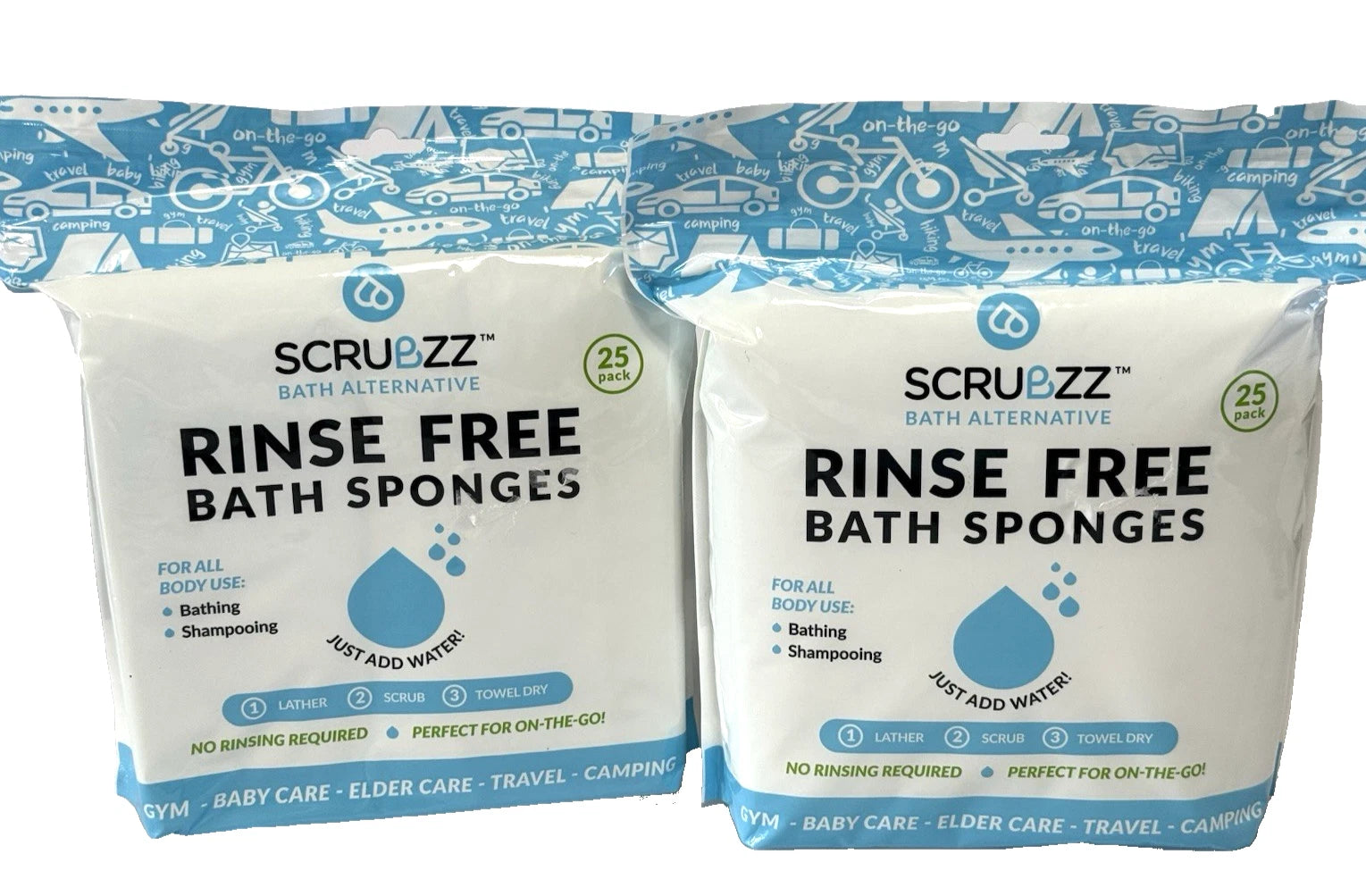 Scrubzz Rinse Free Bath Sponges Disposable Soap/ Shampoo Elder Camping 50 Total