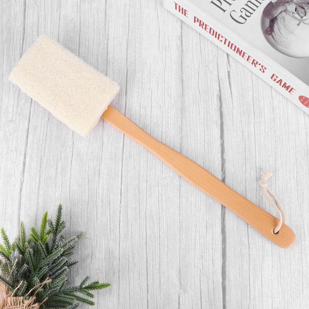 Natural Loofah Exfoliating Bath Body Brush on A Wooden Handle