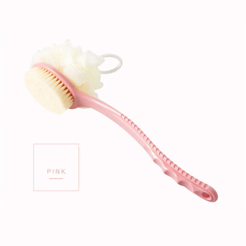New Long Handle Back Brush Scrubber 2 In 1 Bath Puff Rich Bubbles Shower Sponge