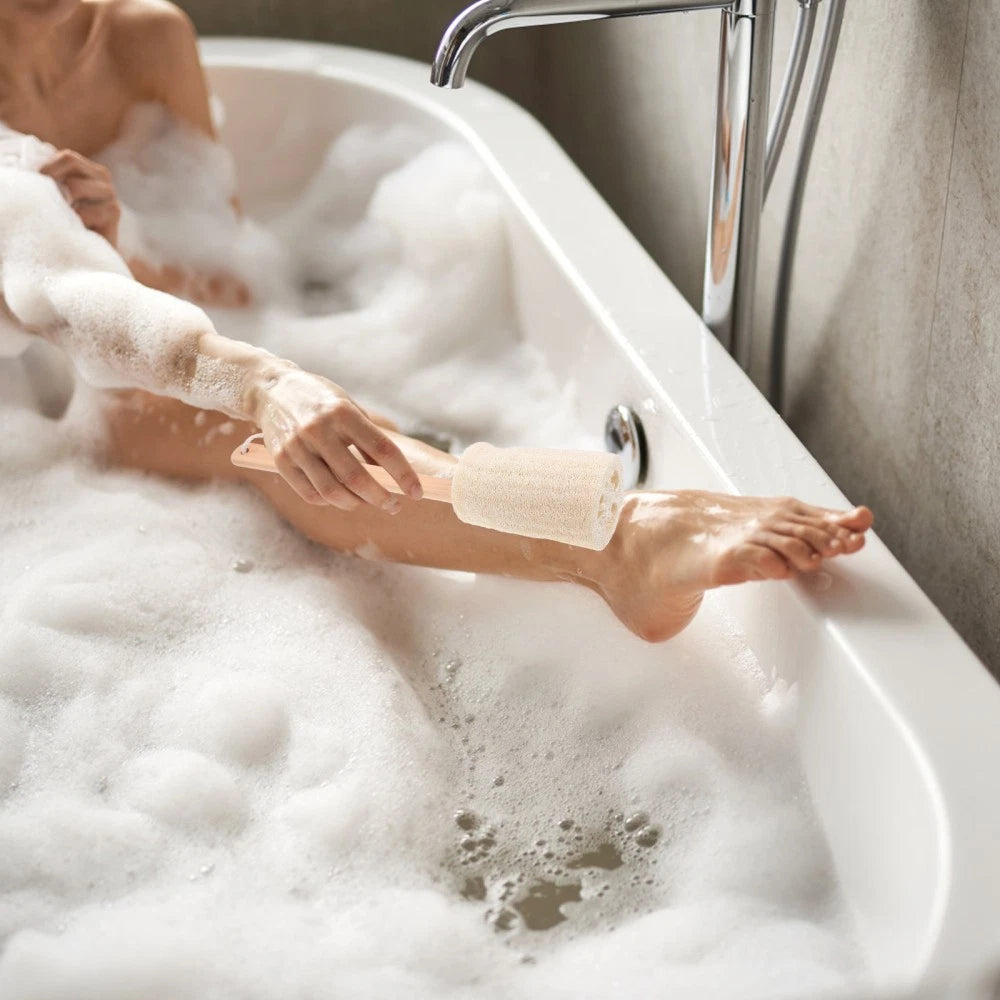 Loofah Bath Brush with Long Wooden Handle for Skin Care and Cleaning