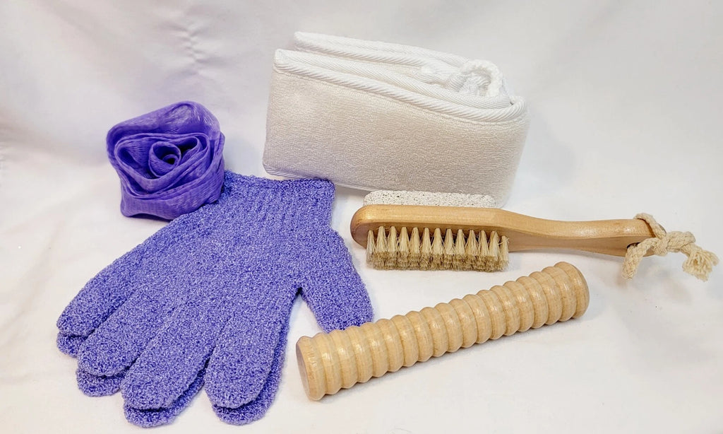 NEW Purple Bath Mitt & Puff & Wooden Brush & Massager & Bath Belt