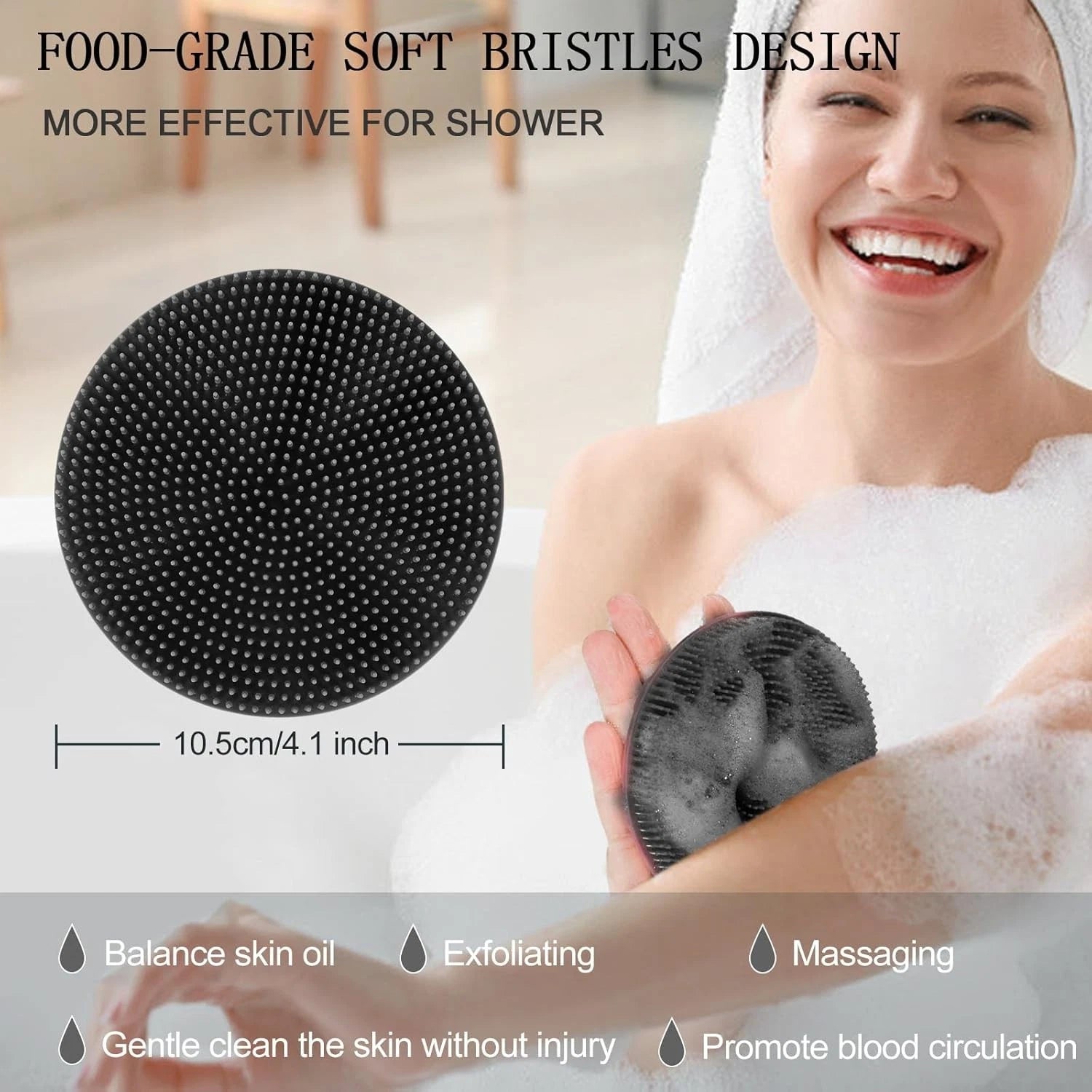 Gentle Exfoliating Silicone Body Scrubber Brush for Soft Skin (Black)