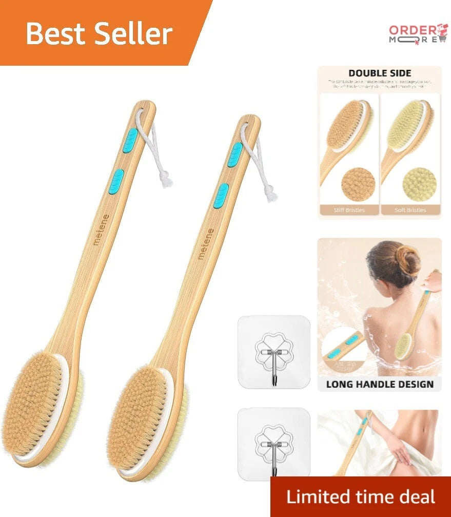 2 Pack Shower Brush Dual-Sided Long Handle Soft Stiff Bristles Body Exfoliator