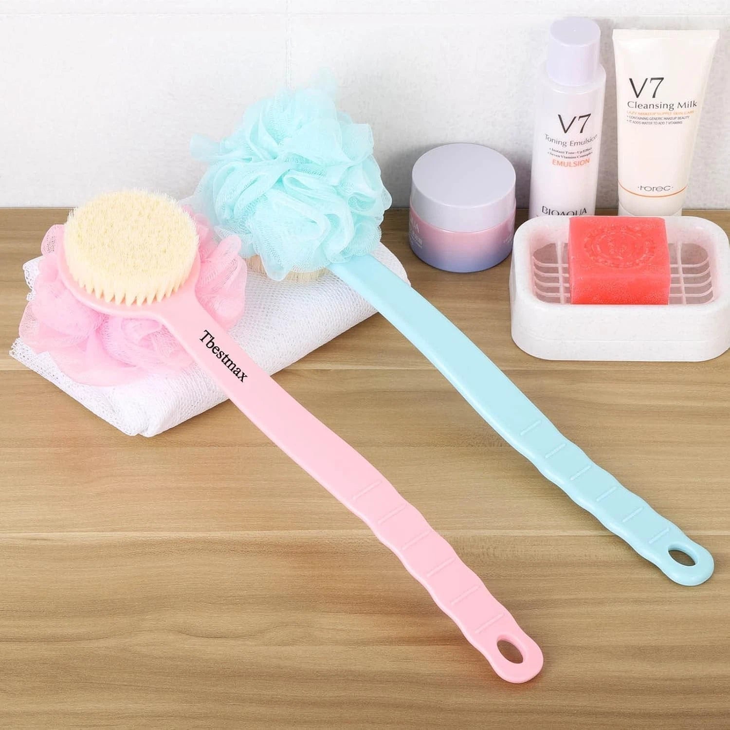 Loofah Back Scrubber Long Handle Shower Body Brush with Soft Mesh Sponge for ...
