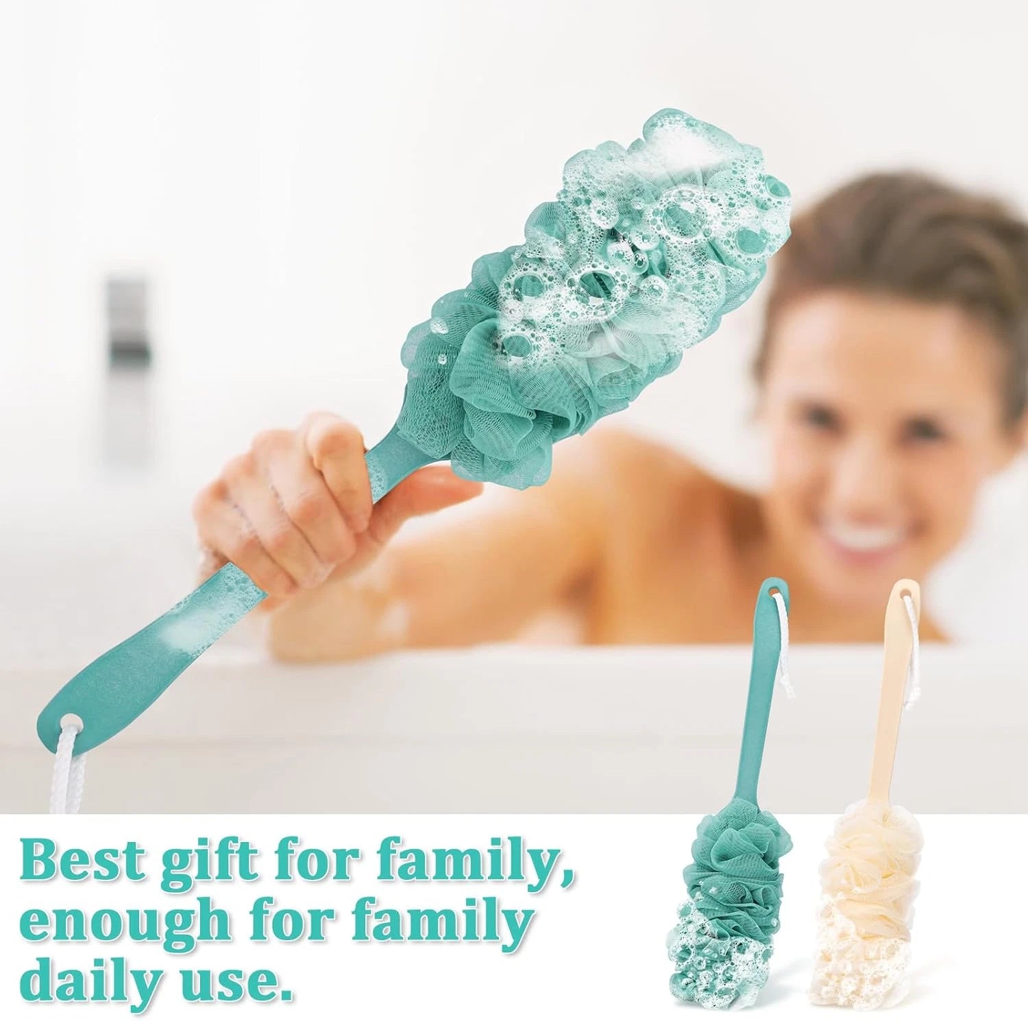 2-Pack Long-Handle Back Scrubbers with Loofah, 17" Shower Brushes for Men & Wome