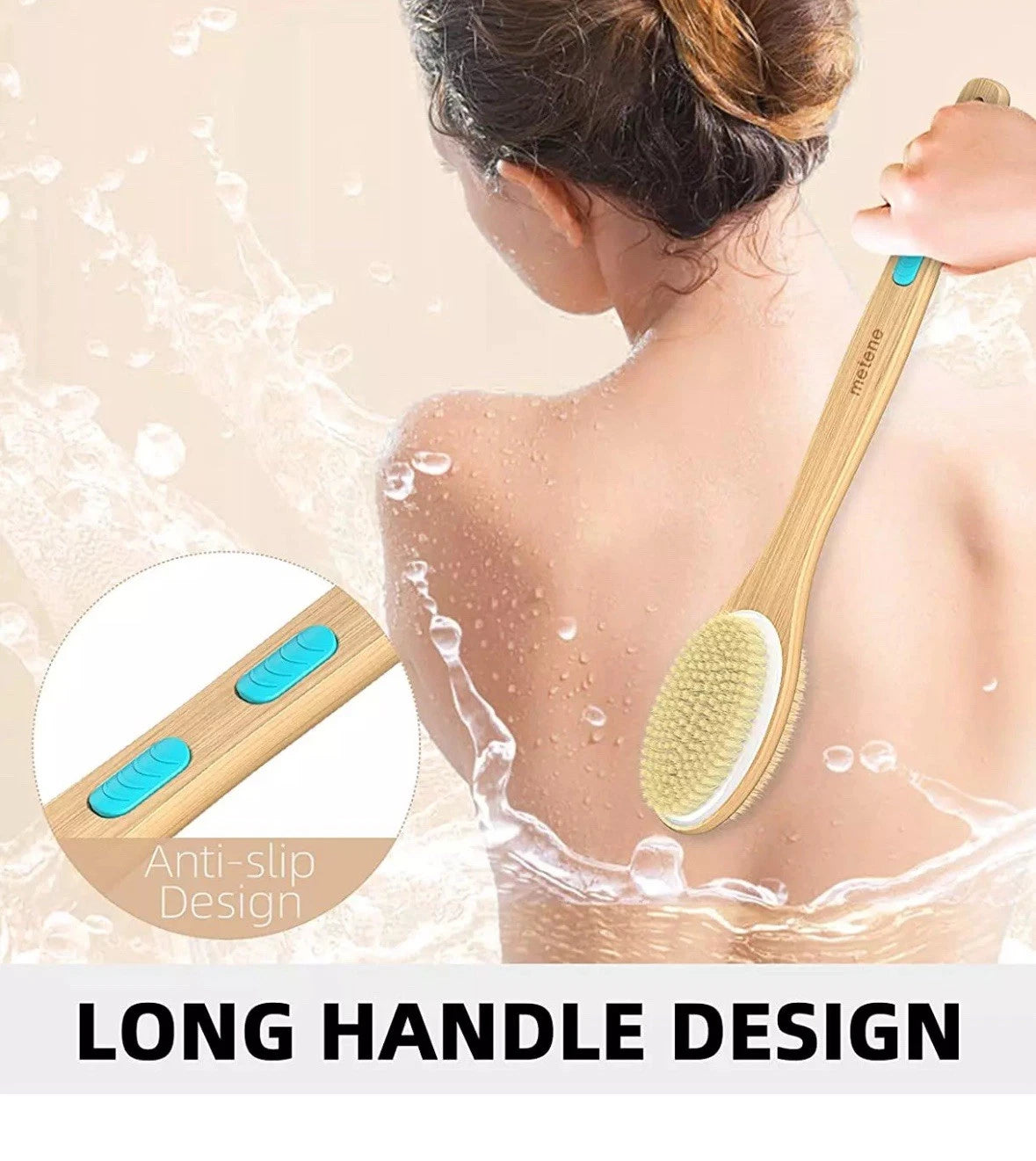 2-Pack Long Handle Body Brush Bamboo Dual-Sided Back Scrubber Shower Bath Spa