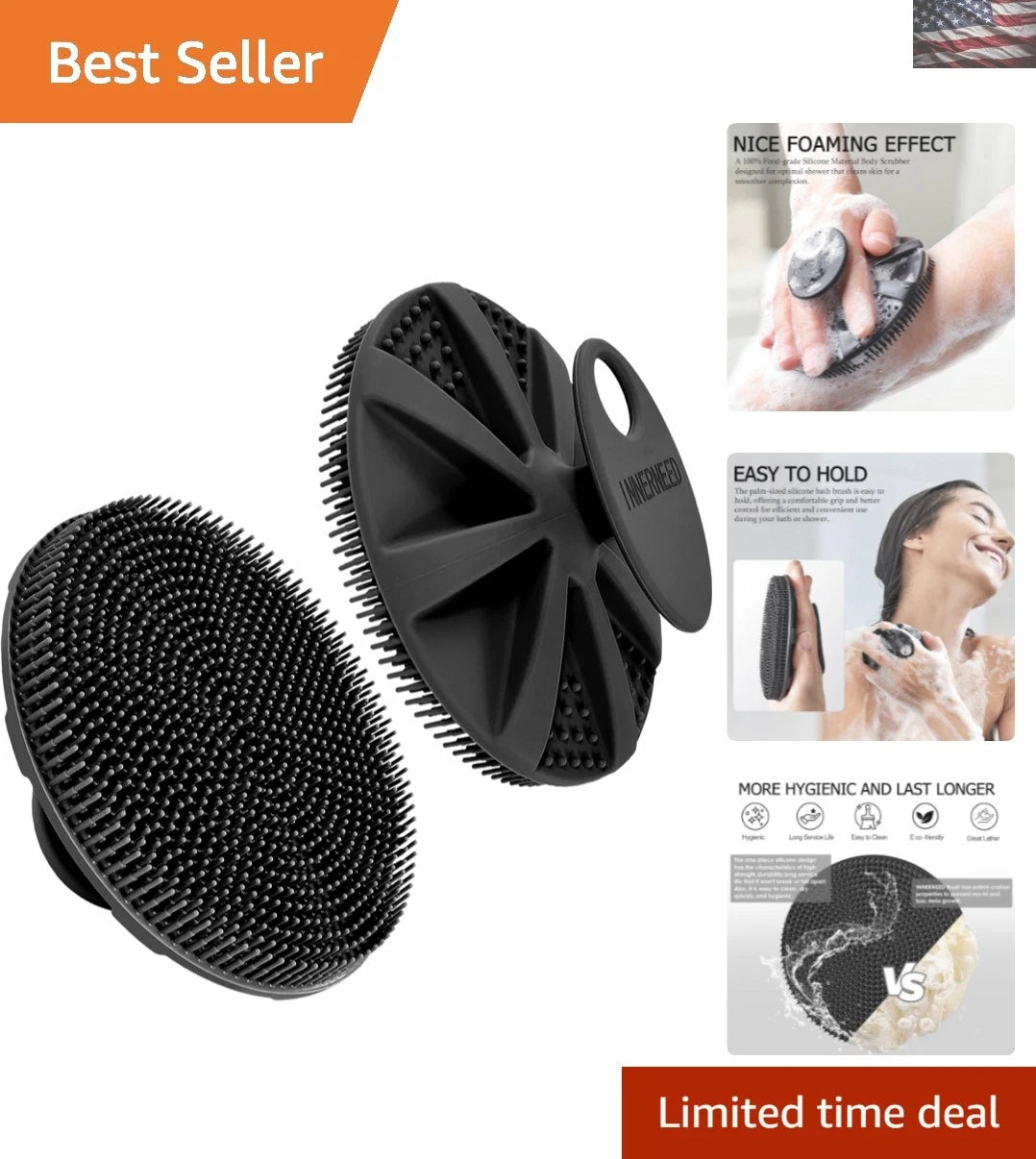 Black Soft Silicone Body Scrubber - Hygienic Exfoliating Shower Brush for Family