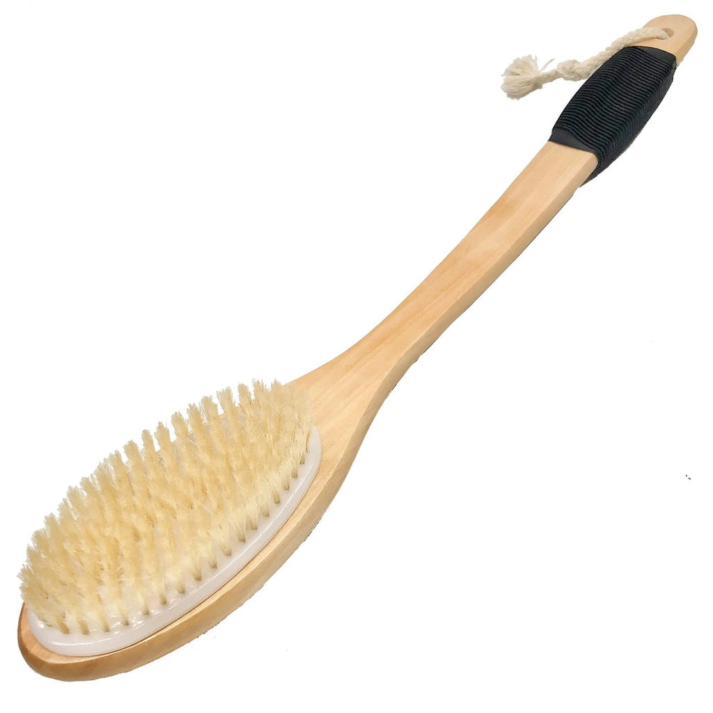 Wooden Curved Long Handle Bath Brush Natural Bristle Exfoliating Scrubber