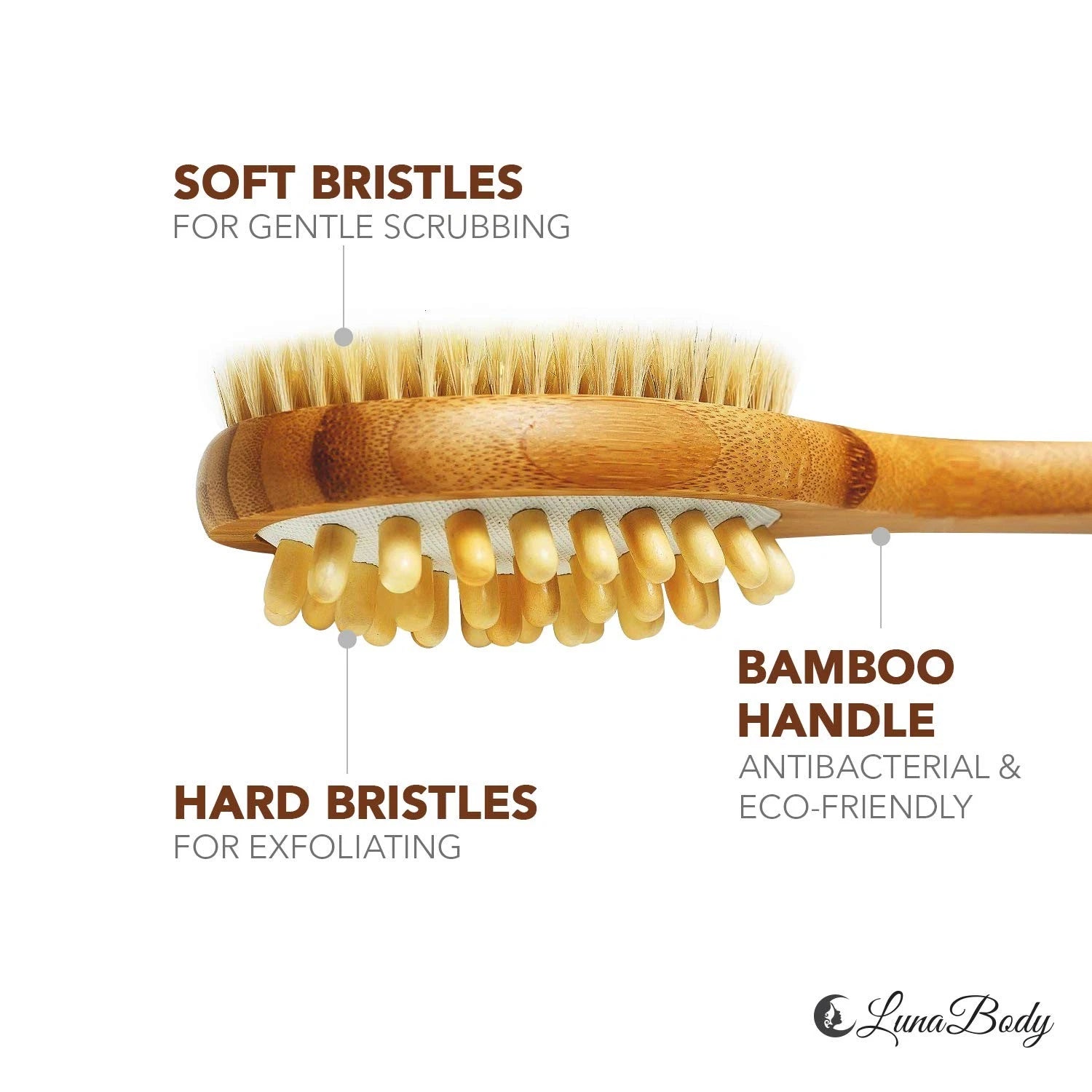 Lunabody Bamboo Body Brush For Back Scrub - Natural Boar Bristle Showe