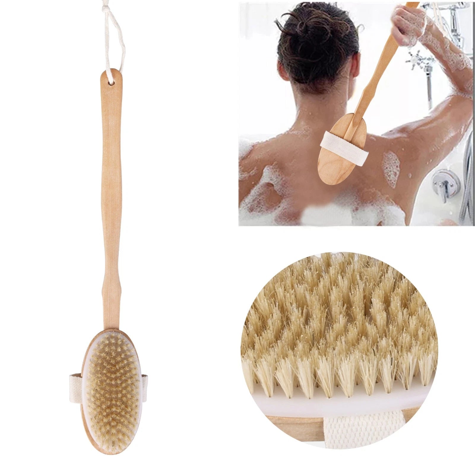 Natural Bristle Body Brush - Wooden Spa Scrubber for Dry Skin & Shower Care | US