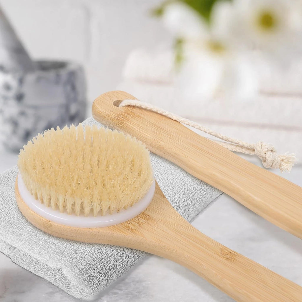 Back Scrubber Brush for Shower, Bamboo Long Handle Body Brush for Men Women
