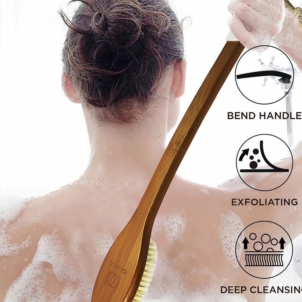 ICANdOIT-17.71Inch Natural Boar Bristles Anti-Slip Curved Long Handle Bath Brush