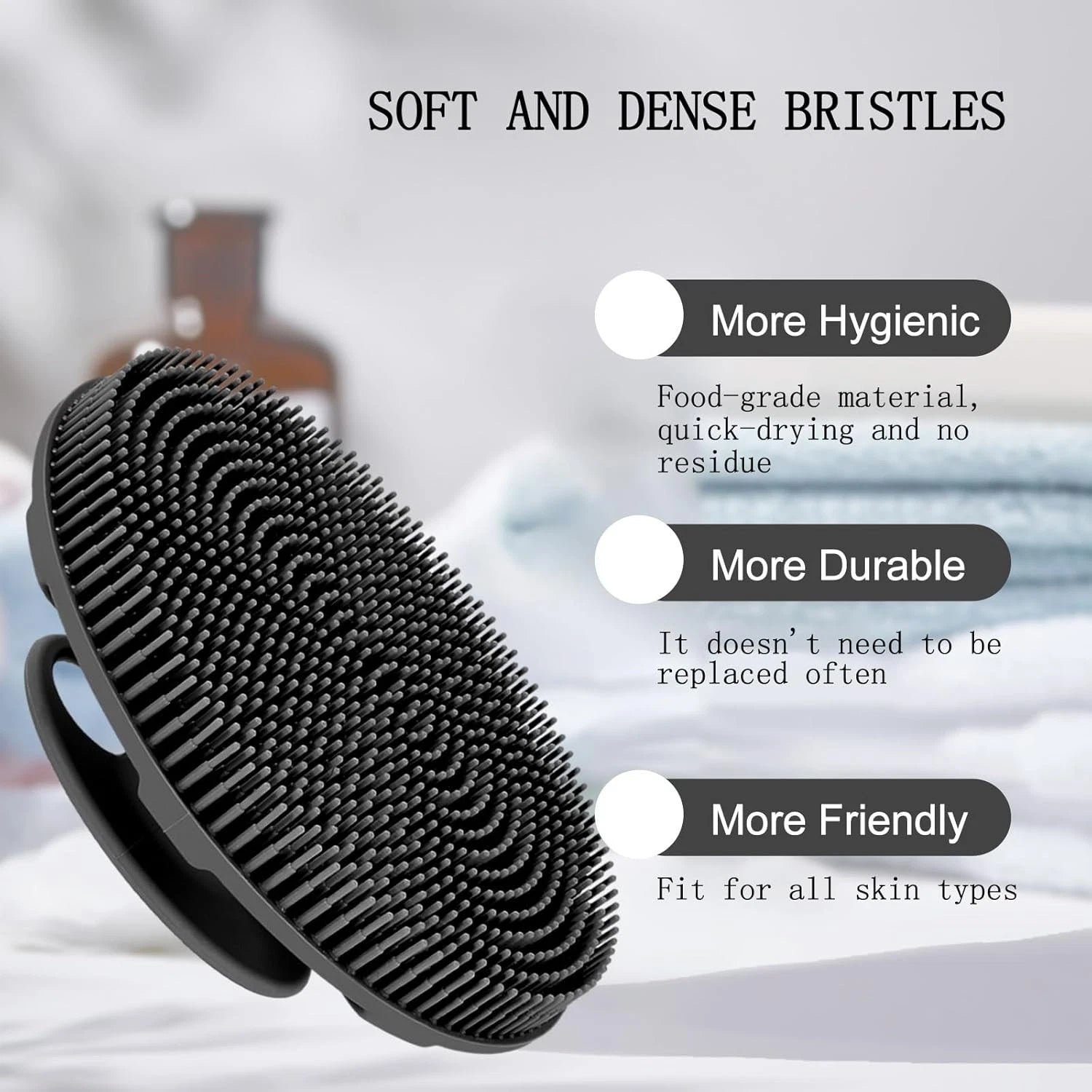 Black Soft Silicone Body Scrubber - Hygienic Exfoliating Shower Brush for Family