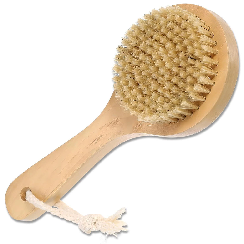 Short Handle Body Brush with Natural Bristles Wooden Handle for Exfoliating Skin