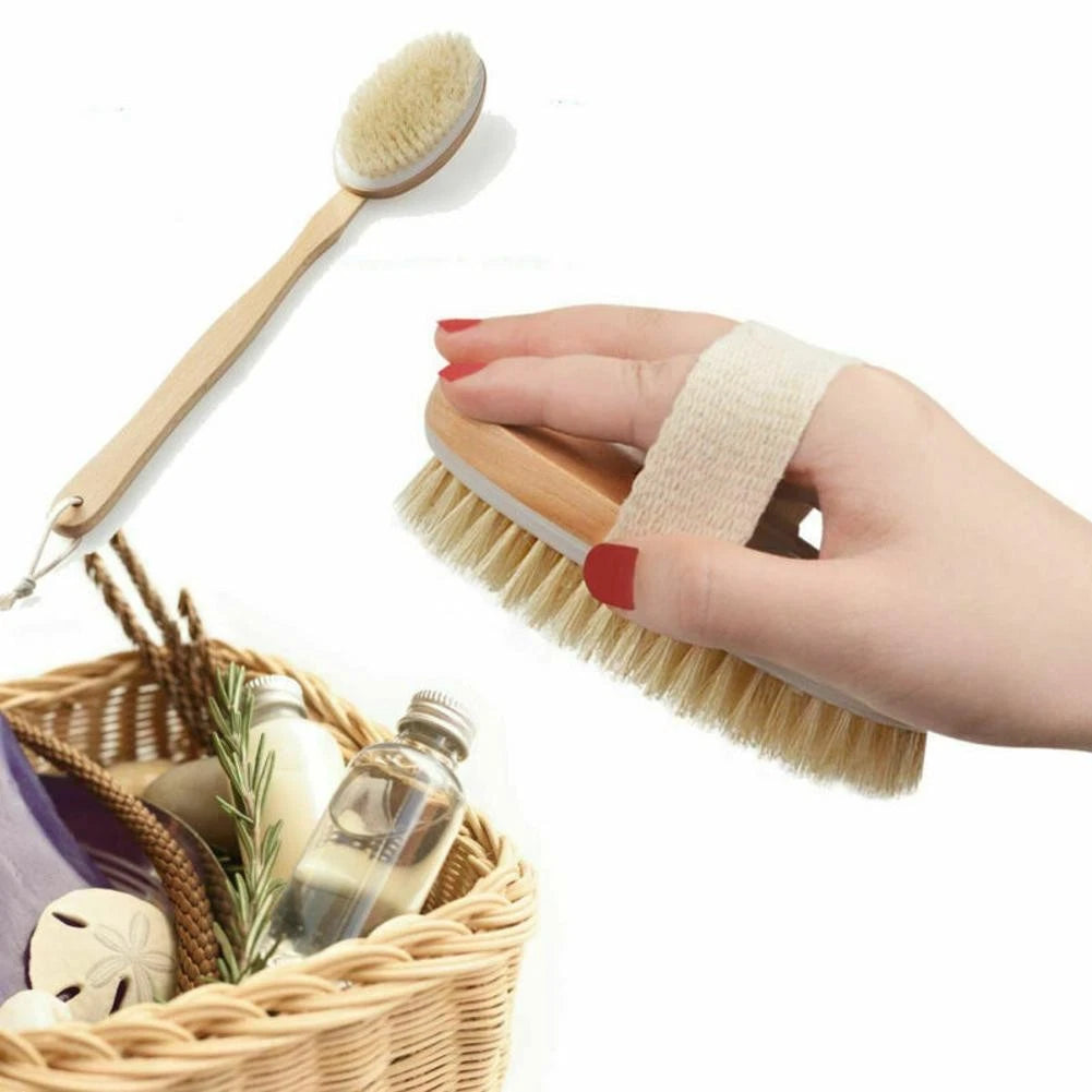Durable Natural Long-Handled Bath Shower Body Back Dry Skin Spa Scrubber Brush D