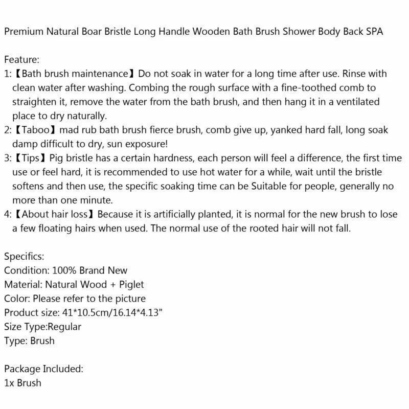 Premium Natural Boar Bristle Long Handle Wooden Bath Brush Shower Back SPA