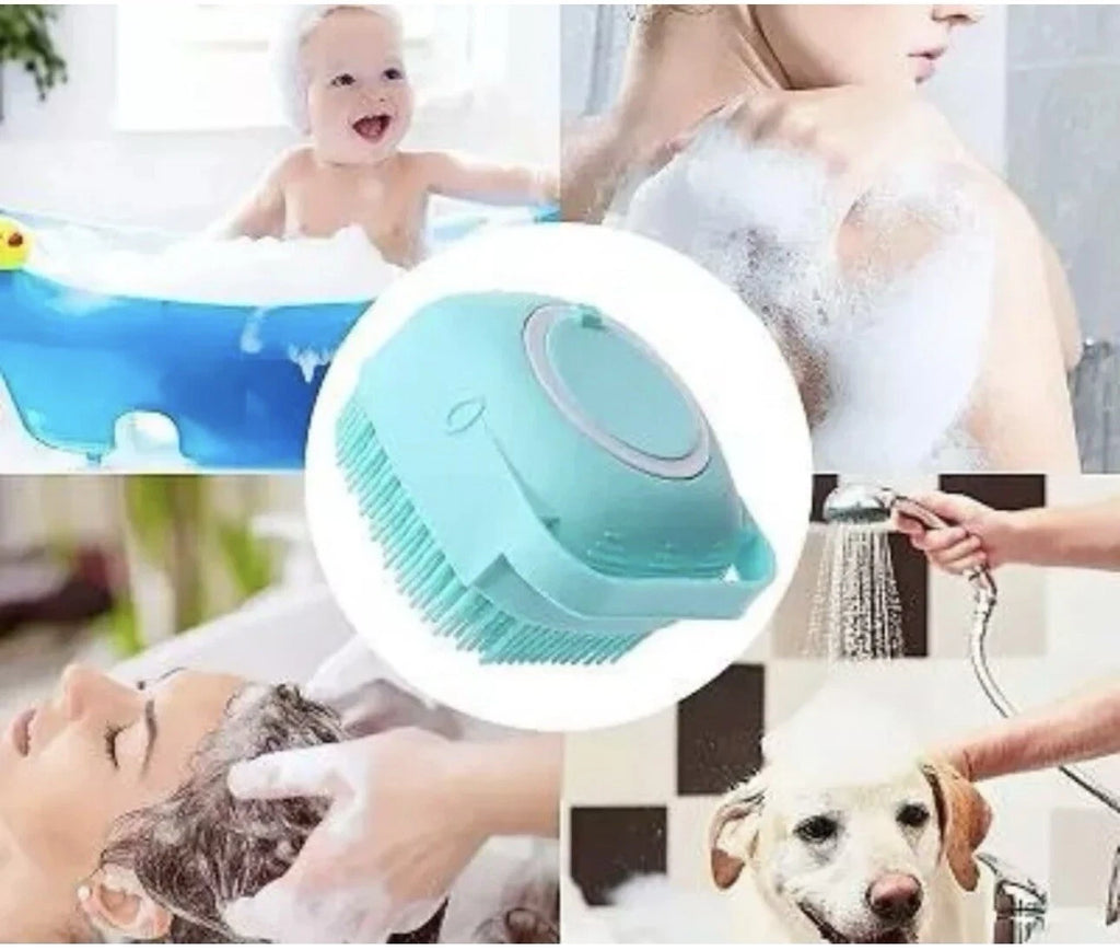 Bath Massage Brush With Soap And Shampoo Dispenser Soft Silicone Bristle.
