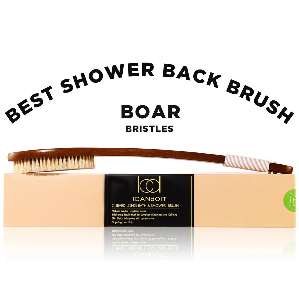 ICANdOIT-17.71Inch Natural Boar Bristles Anti-Slip Curved Long Handle Bath Brush