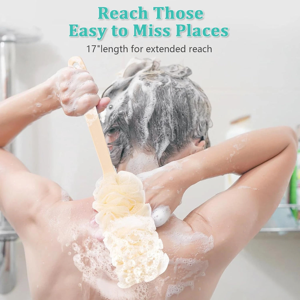 2-Pack Long-Handle Back Scrubbers with Loofah, 17" Shower Brushes for Men & Wome