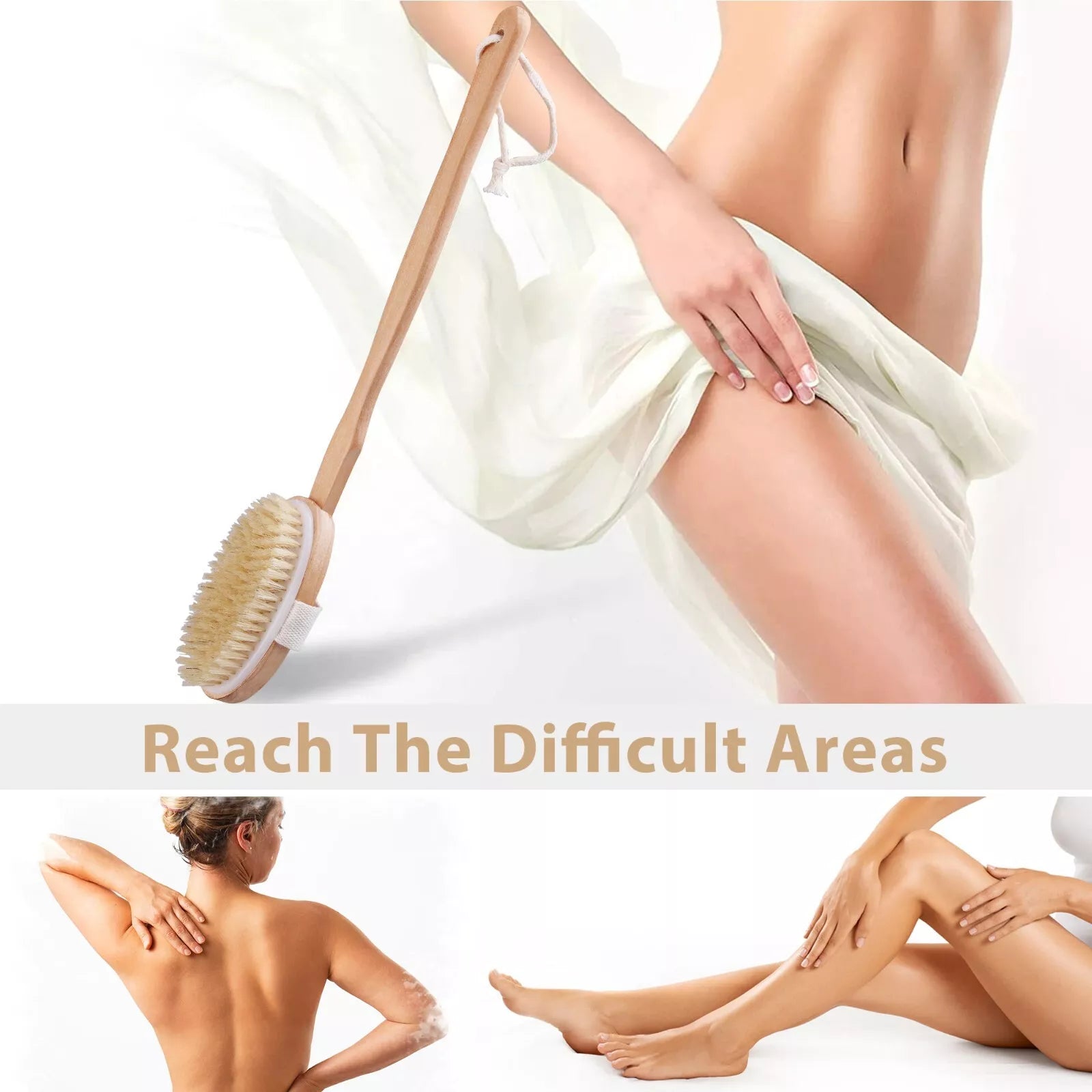 Natural Bristle Body Brush - Wooden Spa Scrubber for Dry Skin & Shower Care | US