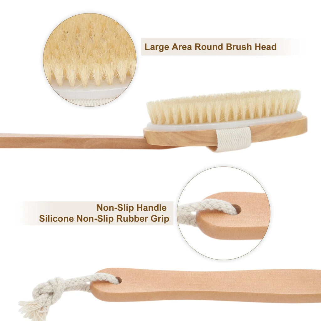 Dry Brushing Body Brush Wooden Long Handle Back Scrubber for Shower Bath