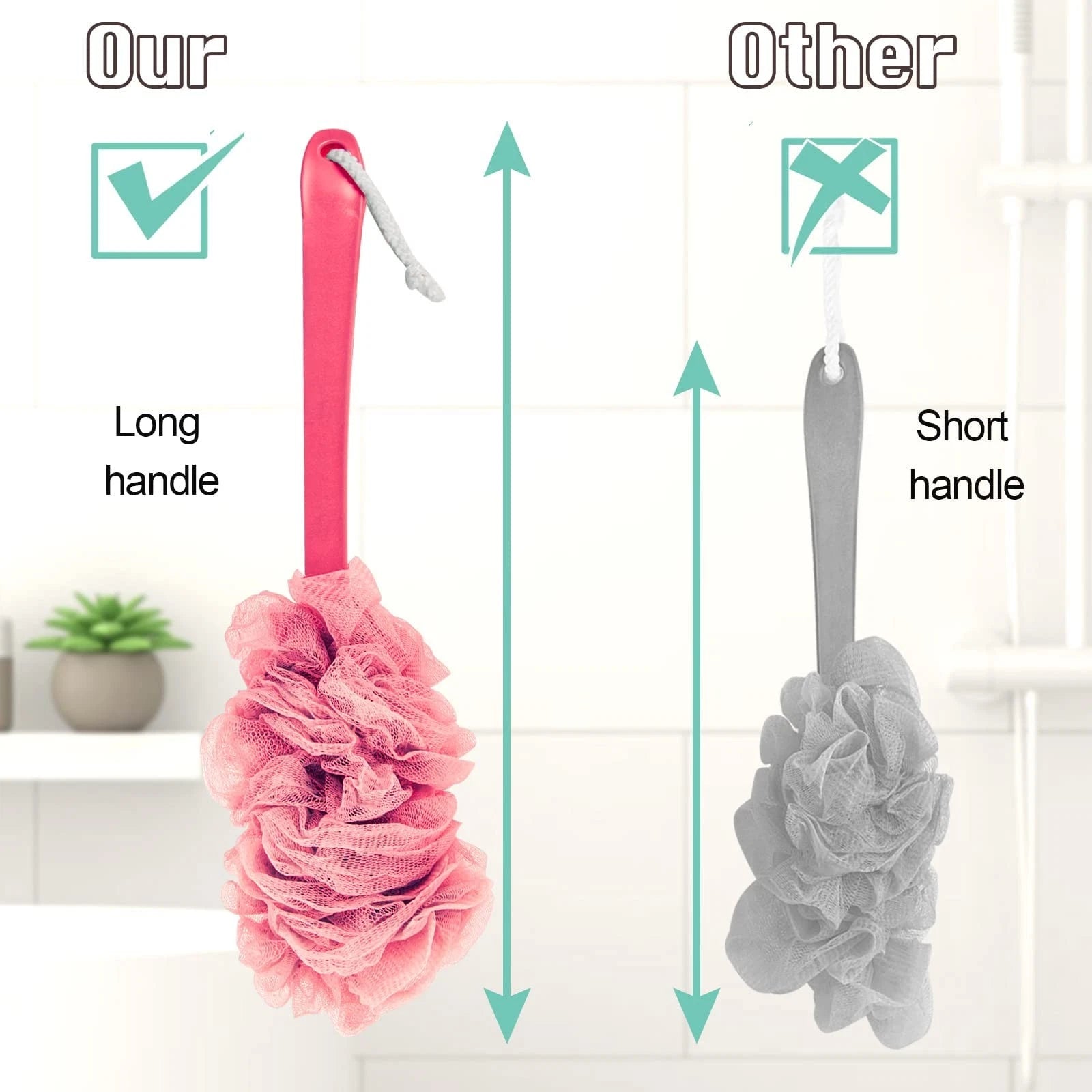 2Pack Back Scrubber for Shower Dual-Sided Loofah on a Stick as Shower Brush E